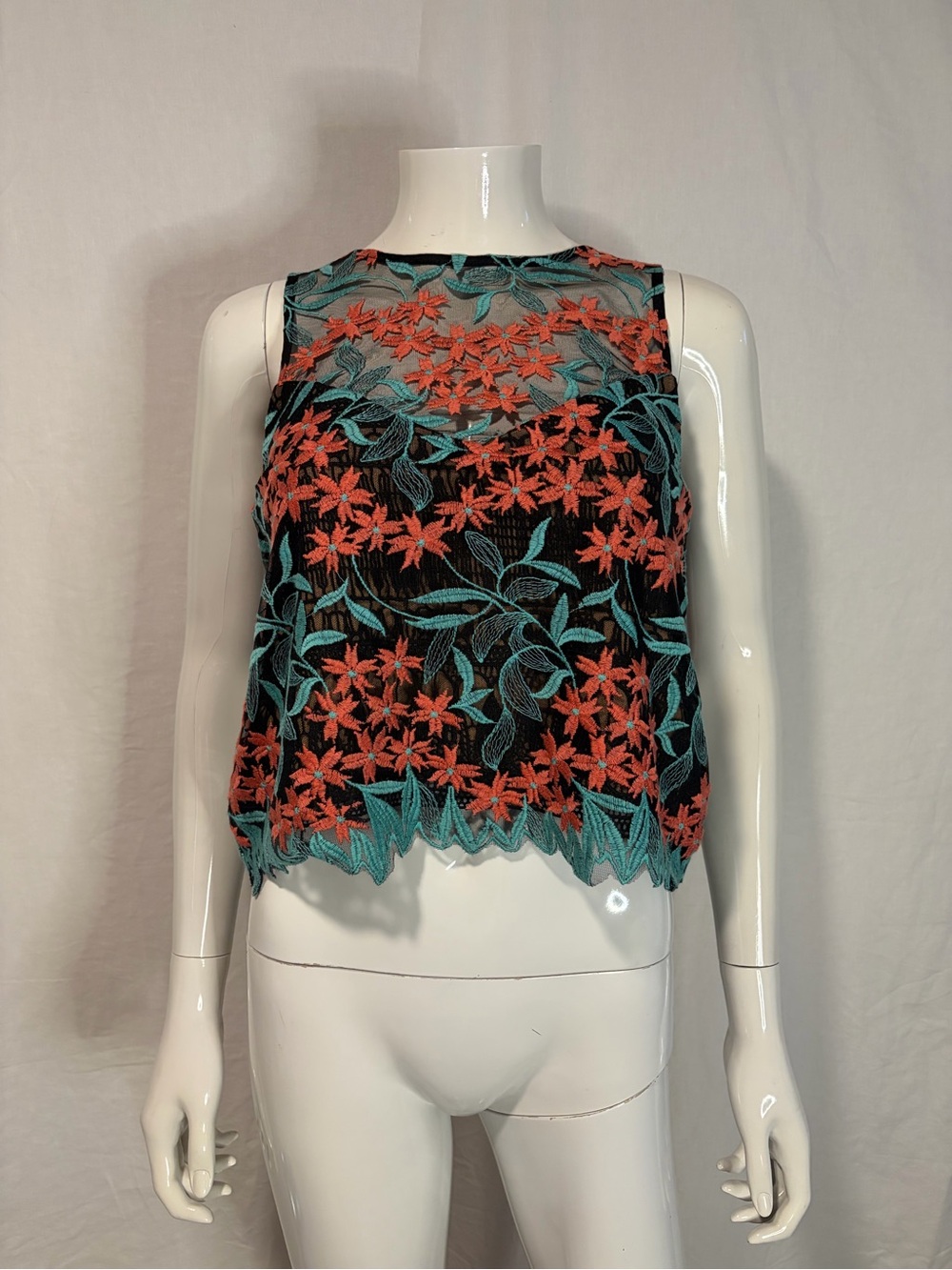 Elliatt Black Sheer Tank with Coral Floral & Teal Leaf Embroidery